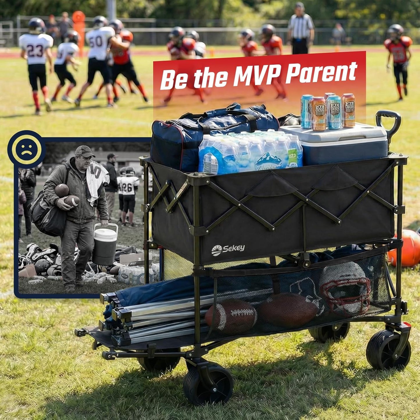 Sekey 500LBS Heavy Duty Double Decker Wagon with Extender, 400L Large Capacity Collapsible Garden Cart Fits 10x10 Canopy, All-Terrain Big Wheels with Brakes, Foldable Utility Wagon for Sports, Camping