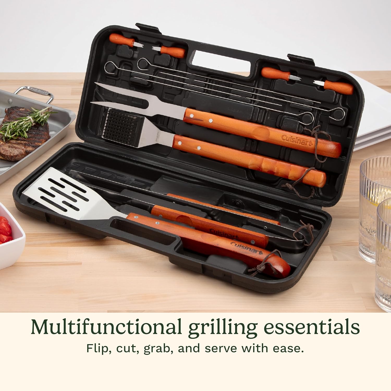 Cuisinart 13-Piece Wooden Handle Grill Tools Set, Grill Utensils Set B