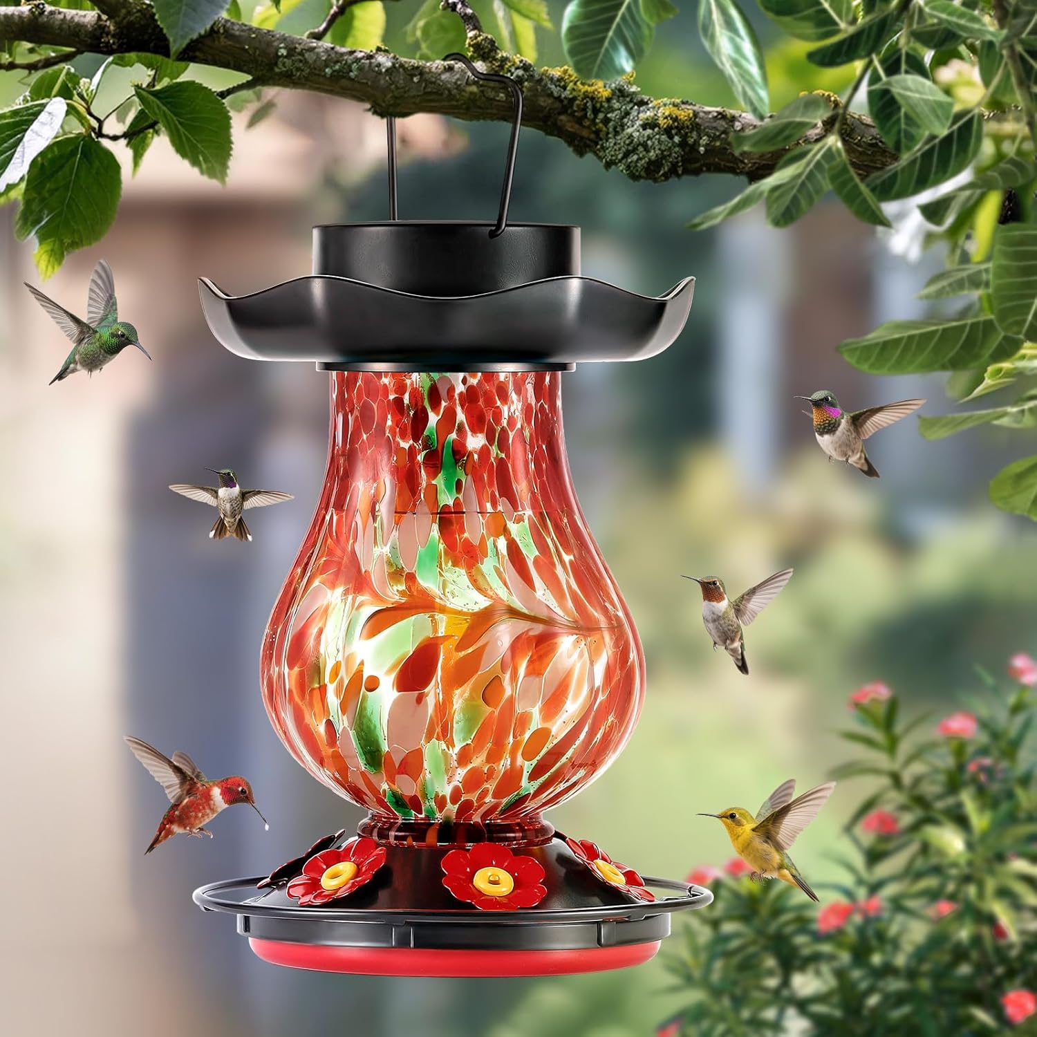 Solar Hummingbird Feeder for Outdoor - 25 fl.oz Hand Blown Glass Hummi