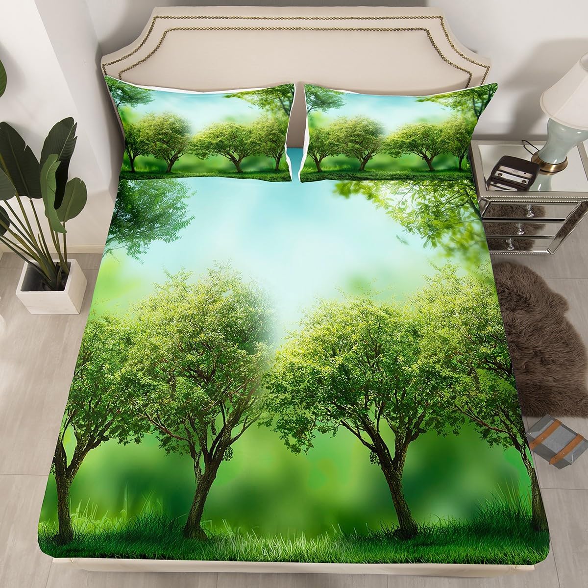 Erosebridal Grass Bedding Set Botanical Leave Lawn Fitted Sheet for Kids Boys Girls Teens Adult Green Luxury Bed Cover Lightweight Bedclothes Twin Size 1 Fitted Sheet with 1 Pillow Case