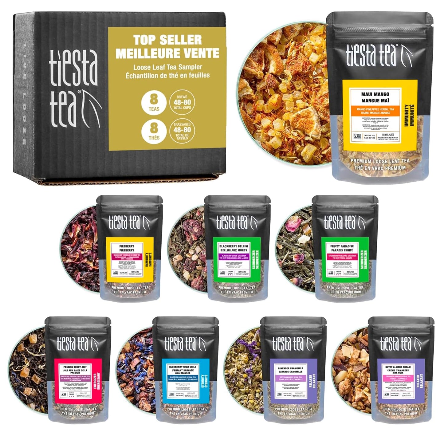 Tiesta Tea - Top 8 Favorites Sampler Set, Loose Leaf, Up to 80 Cups, High to No Caffeine, Hot & Iced, Tea Variety Pack with Green, Herbal, & Black, 8 Sample Pouches