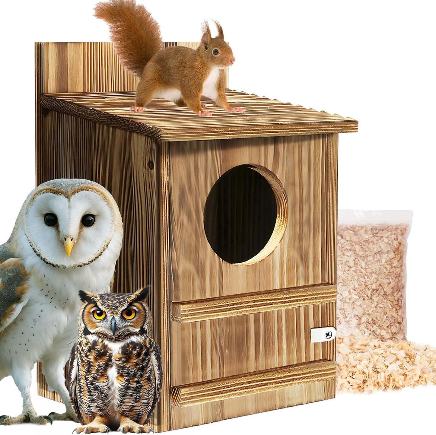 Squirrel Houses Owl House Bird Houses for Outside, Owl Box Birdhouses for Outdoors, Wooden Bird Nesting Boxes with Shavings for Wildlife Lovers, Easy Assembly Required