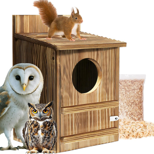 Squirrel Houses Owl House Bird Houses for Outside, Owl Box Birdhouses for Outdoors, Wooden Bird Nesting Boxes with Shavings for Wildlife Lovers, Easy Assembly Required