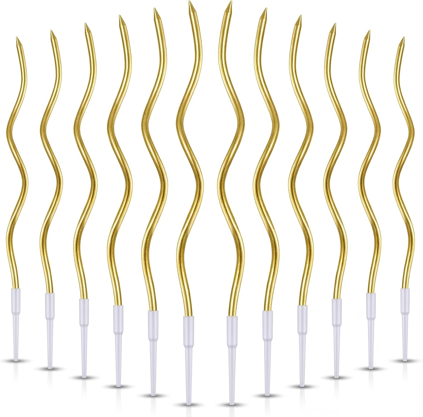 Pack of 12 Pieces Long Twisty Gold Party Candles with Candle Holders, Gold Spiral Birthday Candles for Cakes, Tall Candles for Wedding, Birthday, Party Decorations, Anniversary and Meetups