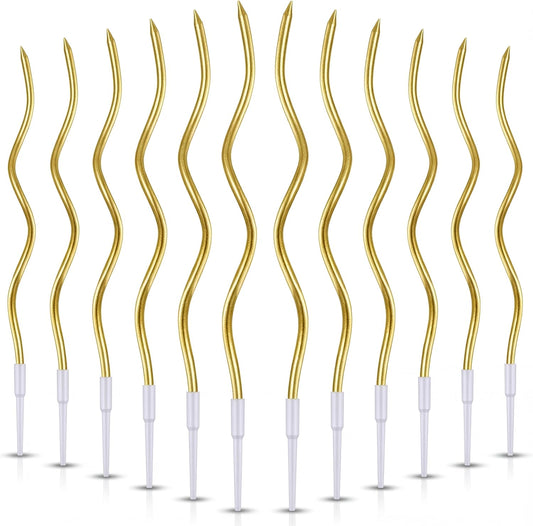 Pack of 12 Pieces Long Twisty Gold Party Candles with Candle Holders, Gold Spiral Birthday Candles for Cakes, Tall Candles for Wedding, Birthday, Party Decorations, Anniversary and Meetups