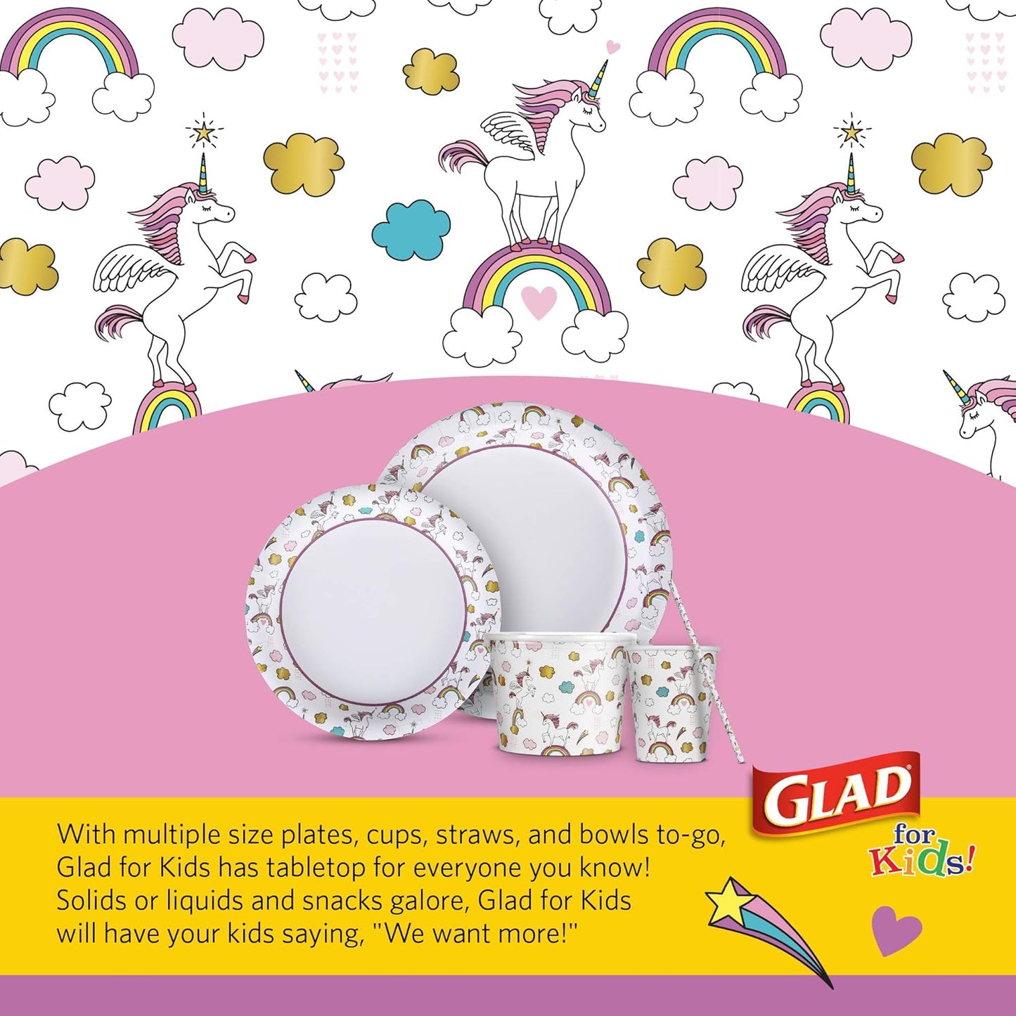 Glad for Kids Unicorn Theme Kids Plates, Heavy-Duty Round Disposable Paper Plates with Soak-Proof Coating, Microwave Safe for Snacks & Meals, Cute Unicorn Print, 8.5 Inch, 20 Count