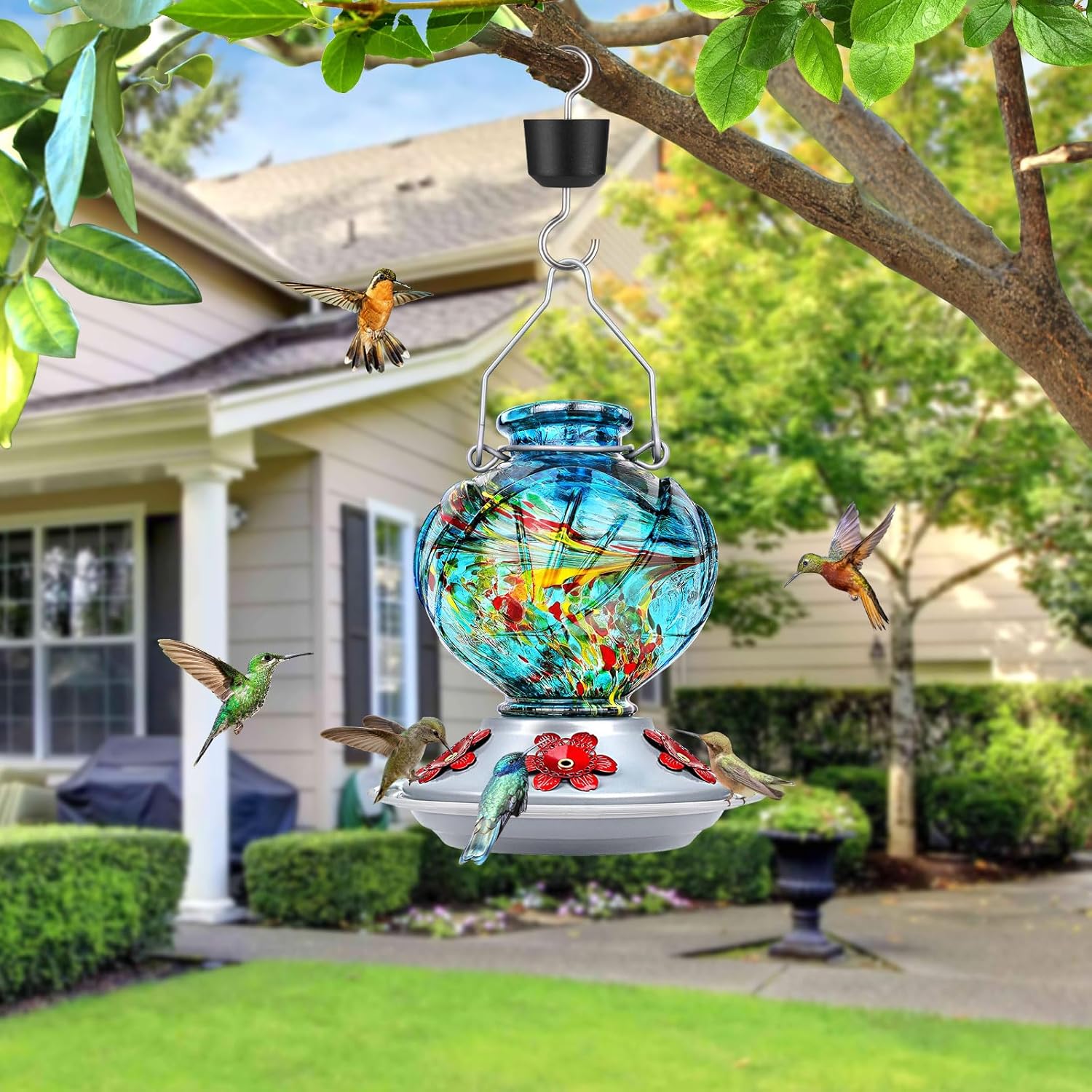 BOLITE Hummingbird Feeder, Hand Blown Glass Hummingbird Feeders for Ou