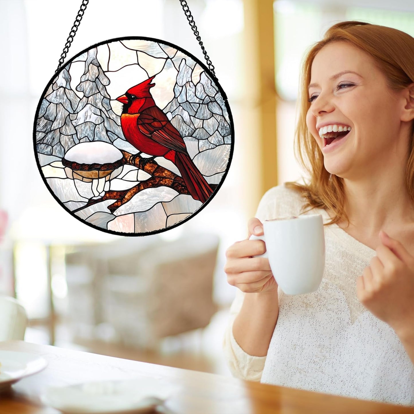 Stained Glass Window Hanging Cardinal Gifts 7.8" - Red Bird Suncatcher Door Garden Sunroom Sun Catcher Home Decor Birthday Christmas for Birds Lover Mom Men Woman Nana Dad