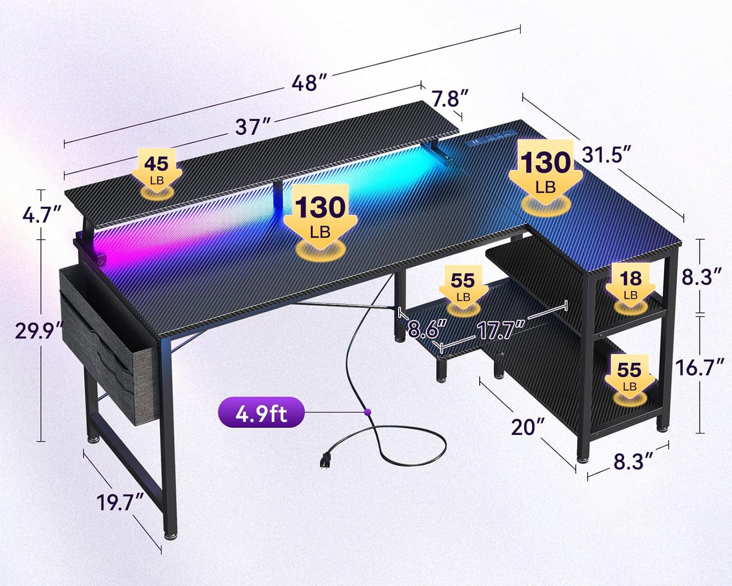 ODK 48 Inch Gaming Desk with USB Charging Ports and LED Lights, Revers