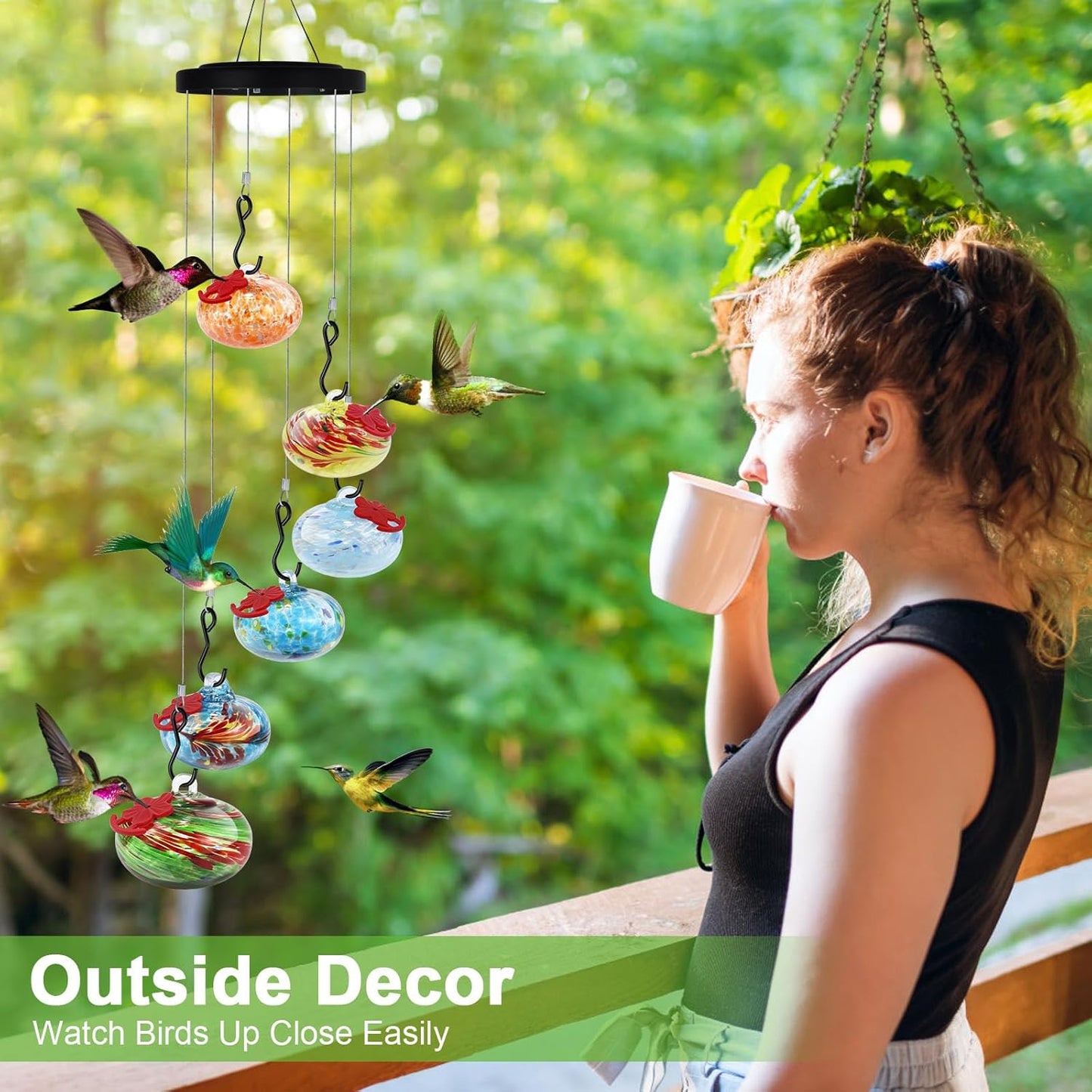 Glass Hummingbird Feeder Wind Chimes for Outdoors Hanging, Hand Blown Glass with 6 Glass Balls, Leak-Proof & Bee Proof for Outdoor Garden Decor for Bird Lovers