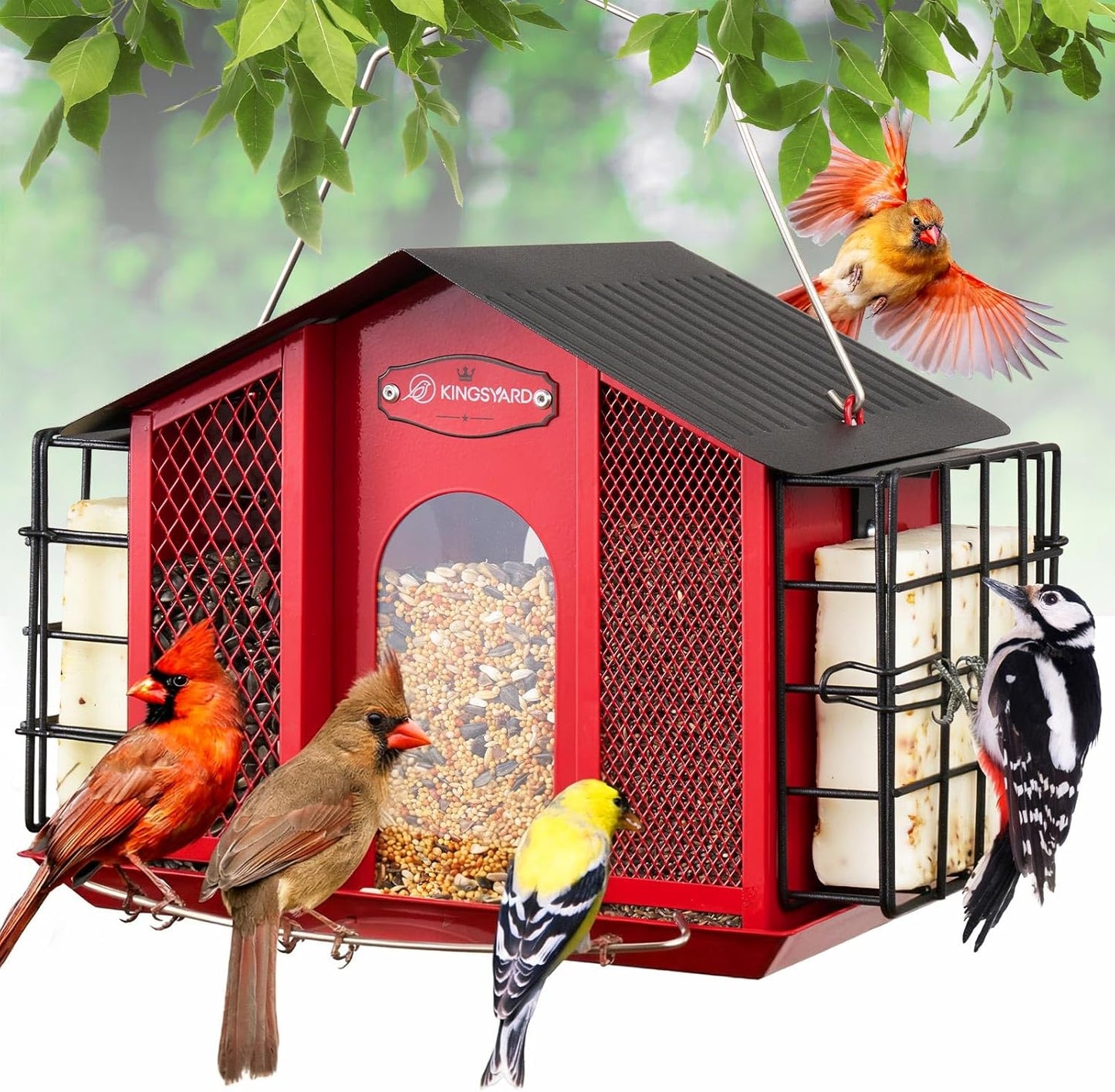 Kingsyard Large Metal Bird Feeders for Outdoors Hanging with Double Suet Cage Weatherproof Roof, 4 in 1 Suet Feeder for Woodpecker, 4 Lbs Capacity Bird Feeder House for Cardinal Finch Chickadee, Red