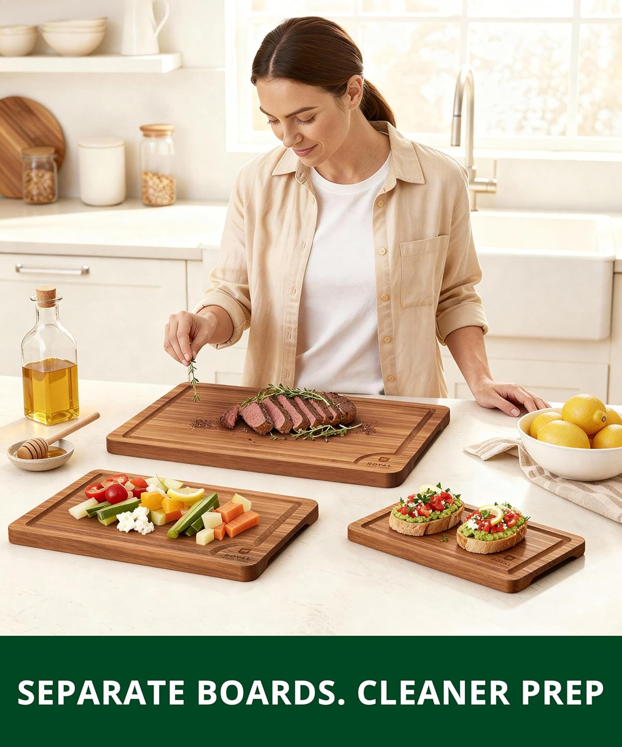 ROYAL CRAFT WOOD Wooden Cutting Boards for Kitchen Meal Prep & Serving - Bamboo Wood Serving Board Set with Deep Juice Groove Side Handles - Charcuterie & Chopping Butcher Block for Meat