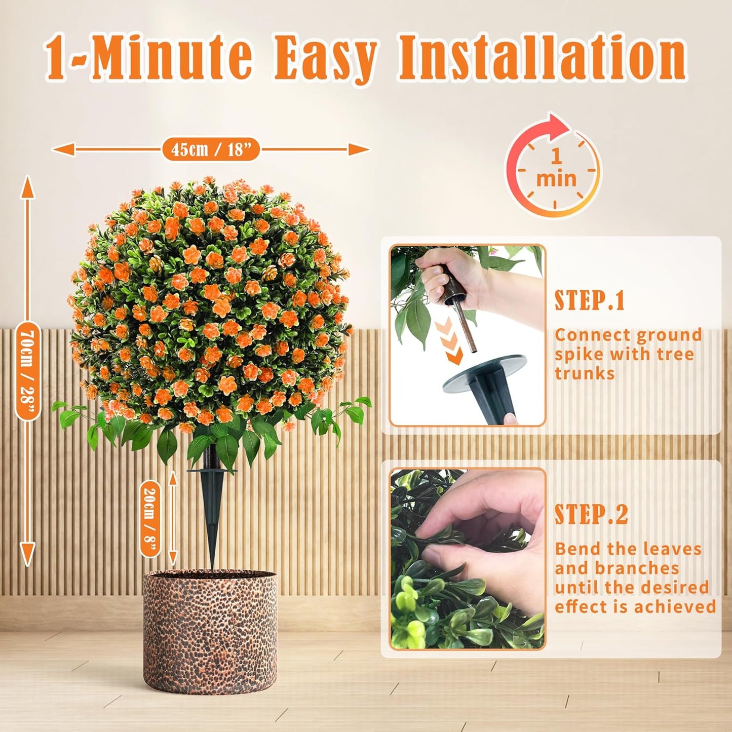 28" Artificial Flower Bushes with Ground Stakes – Artificial Boxwood Topiary Trees with Roses Orange Faux Floral Plants with Autumn Leaves for Outdoor Thanksgiving, Garden, Pathway, Porch Décor