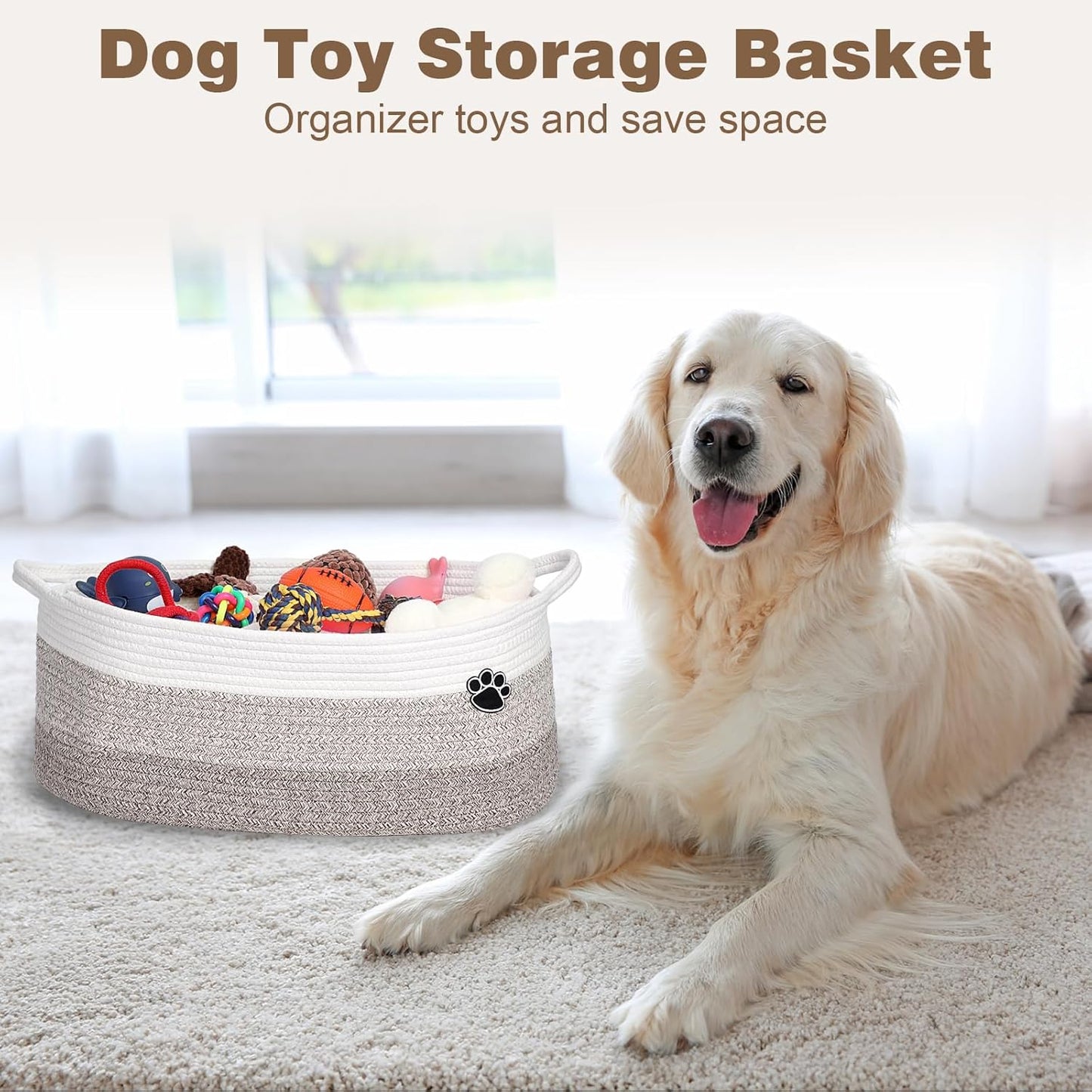 Dog Toy Basket, Toy Box and Bin for Dog Cat Storage, 19.7" X 11" X 7.9" (30L) Large Woven Rope Basket for Blanket Storage, Living Room, Bedroom, White & Brown
