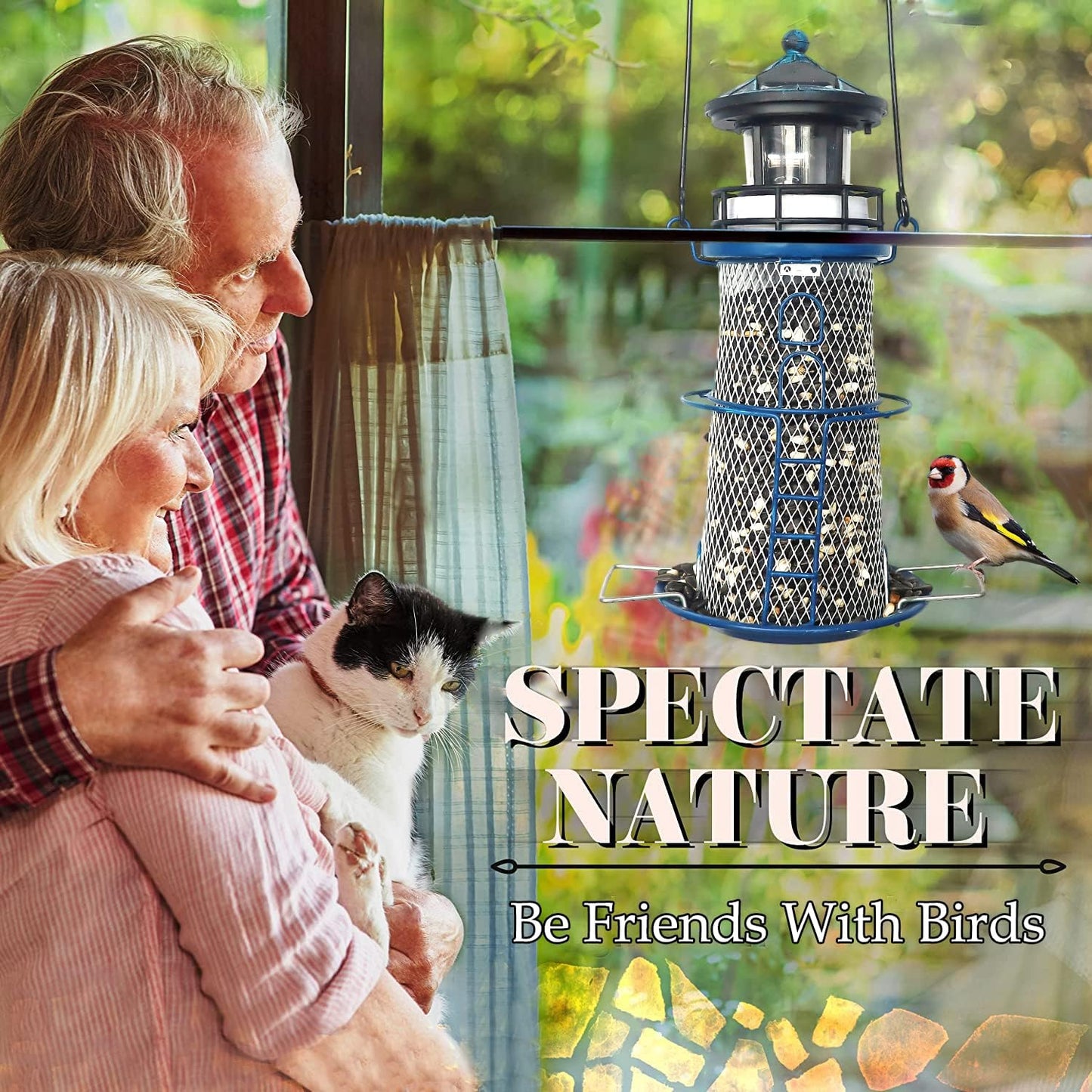 Solar Lighthouse Bird Feeder with Rotating Beacon - 14" Hanging Best Birdfeeder Gifts for Bird Lovers(Space Blue)