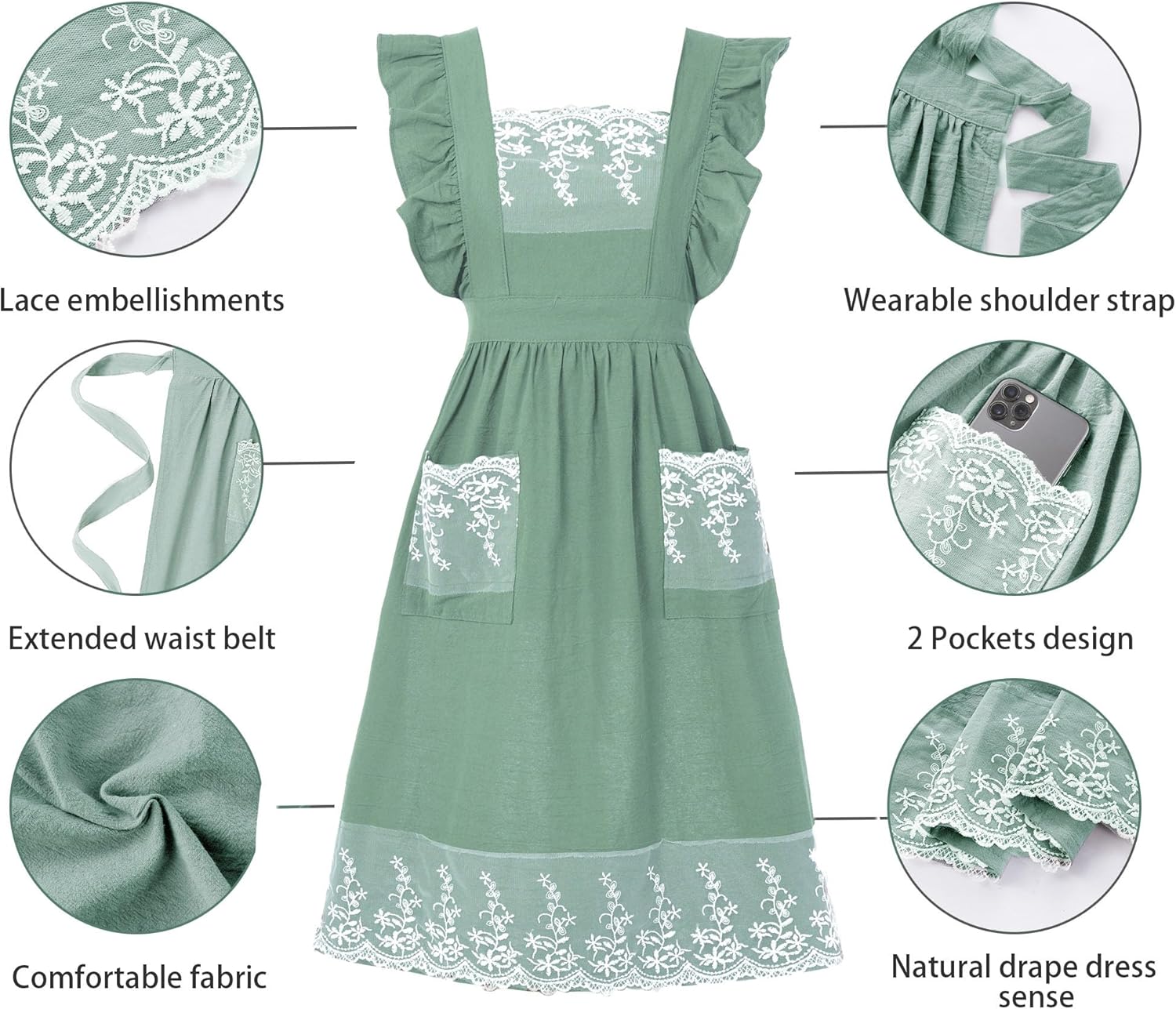 Vintage Aprons for Women with Pockets Cute Lace Ruffle Adjustable Apro