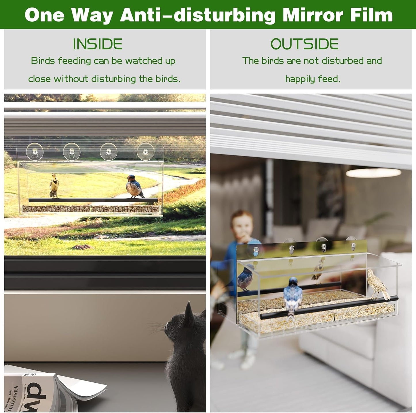 One Way Window Bird Feeder for Outside with 4 Strong Suction Cups, Cle