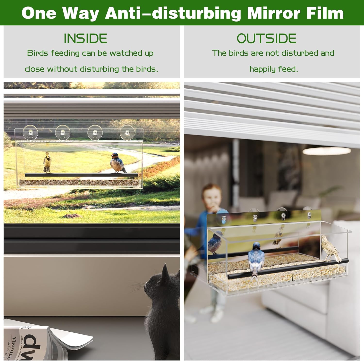 One Way Window Bird Feeder for Outside with 4 Strong Suction Cups, Cle