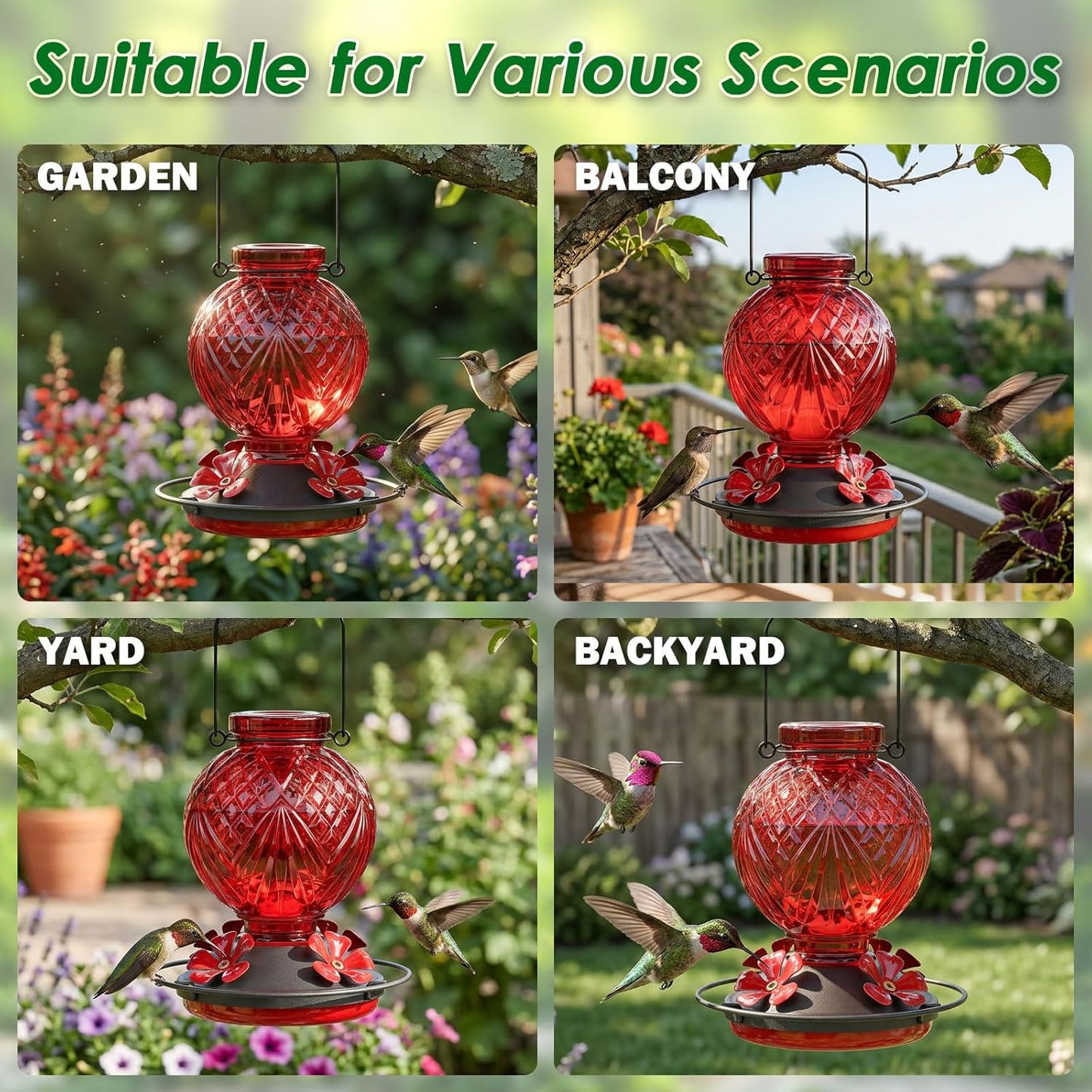 Glass Hummingbird Feeder for Outdoors Hanging, 20oz Bird Nectar Feeder