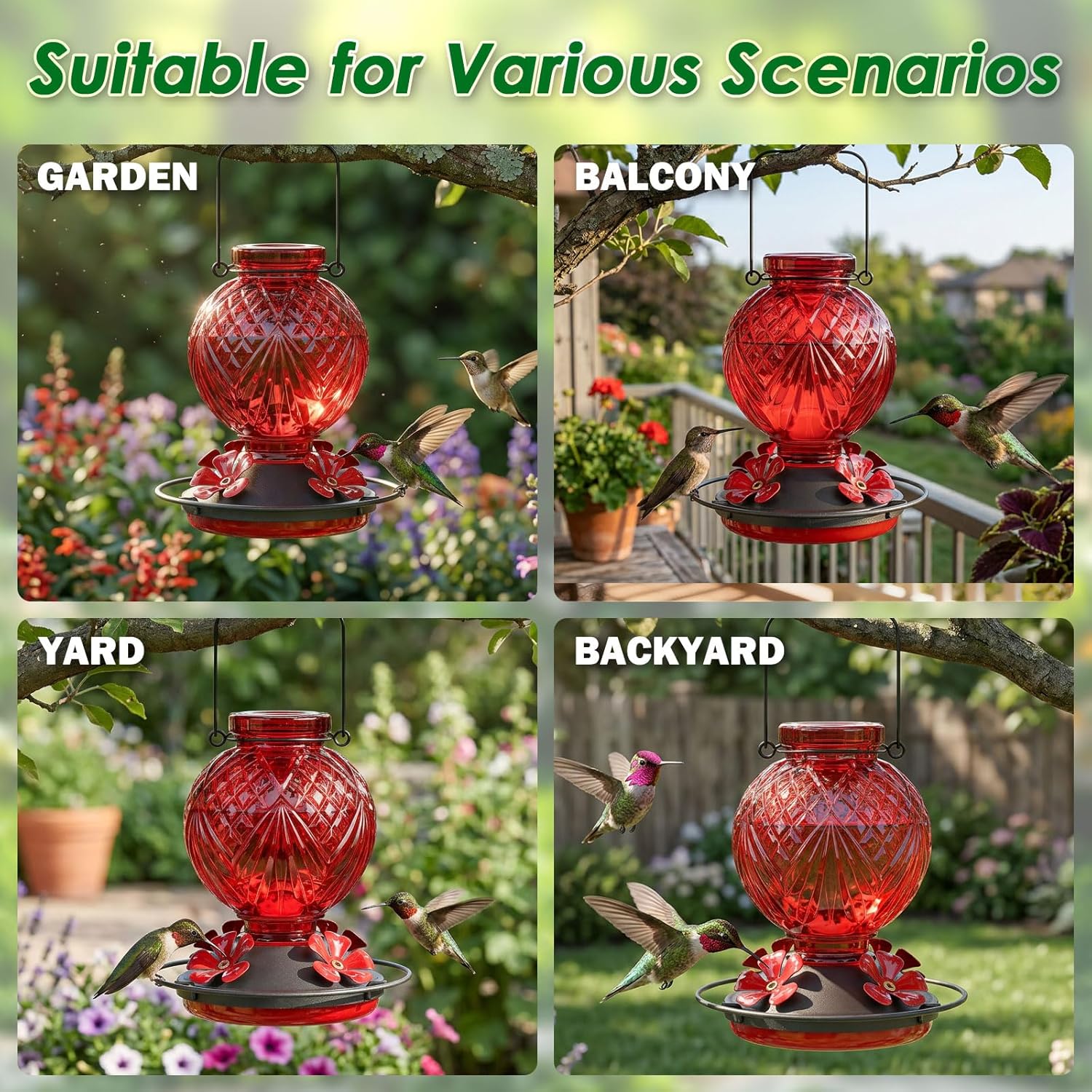 Glass Hummingbird Feeder for Outdoors Hanging, 20oz Bird Nectar Feeder