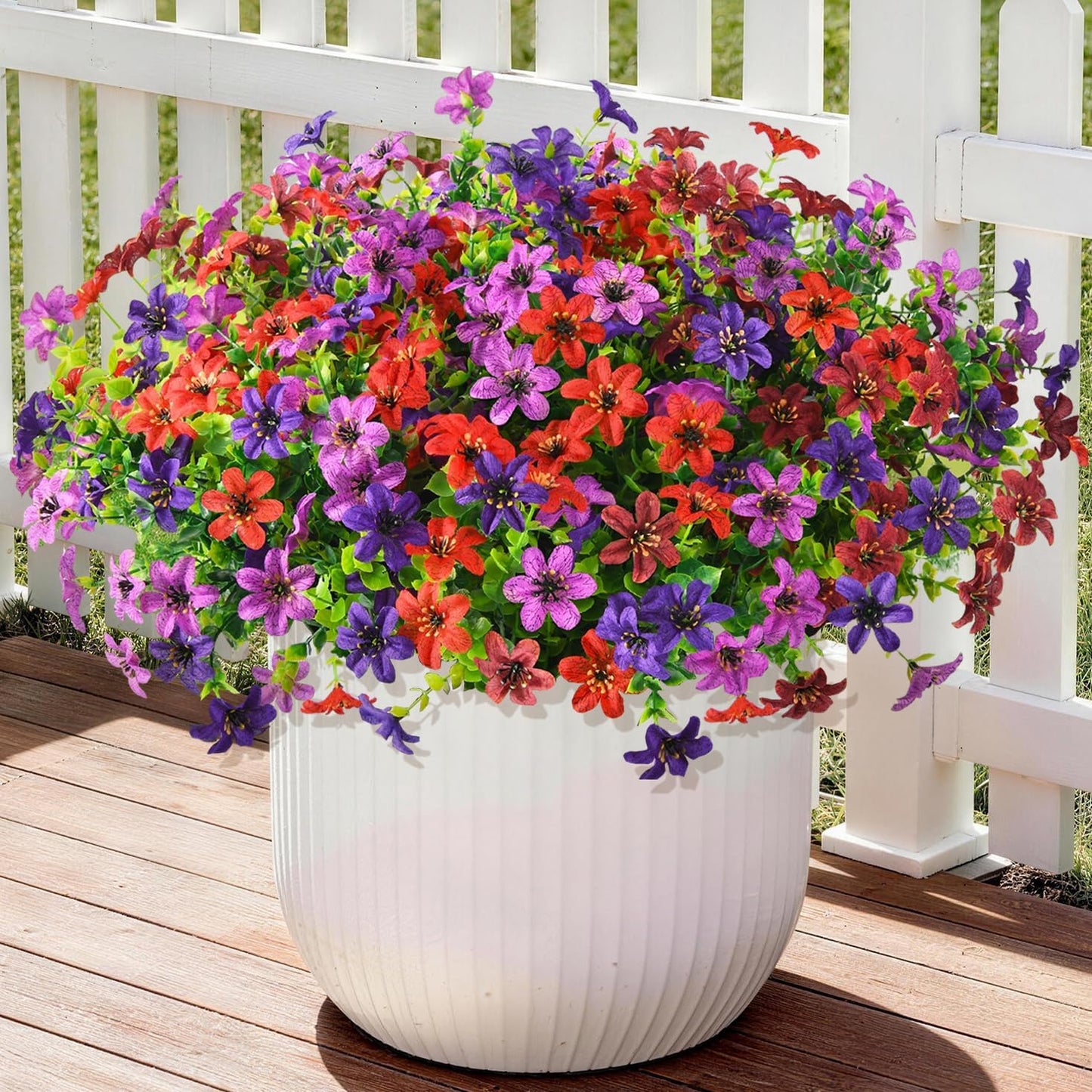 Homsunny Artificial Flowers for Outdoors 12 Bundles Fake Plants Spring Home Decoration, Realistic Faux Flower Silk Daisy with Eucalyptus Stem UV Resistant Patio Planter Porch Yard Window (4 Colors)