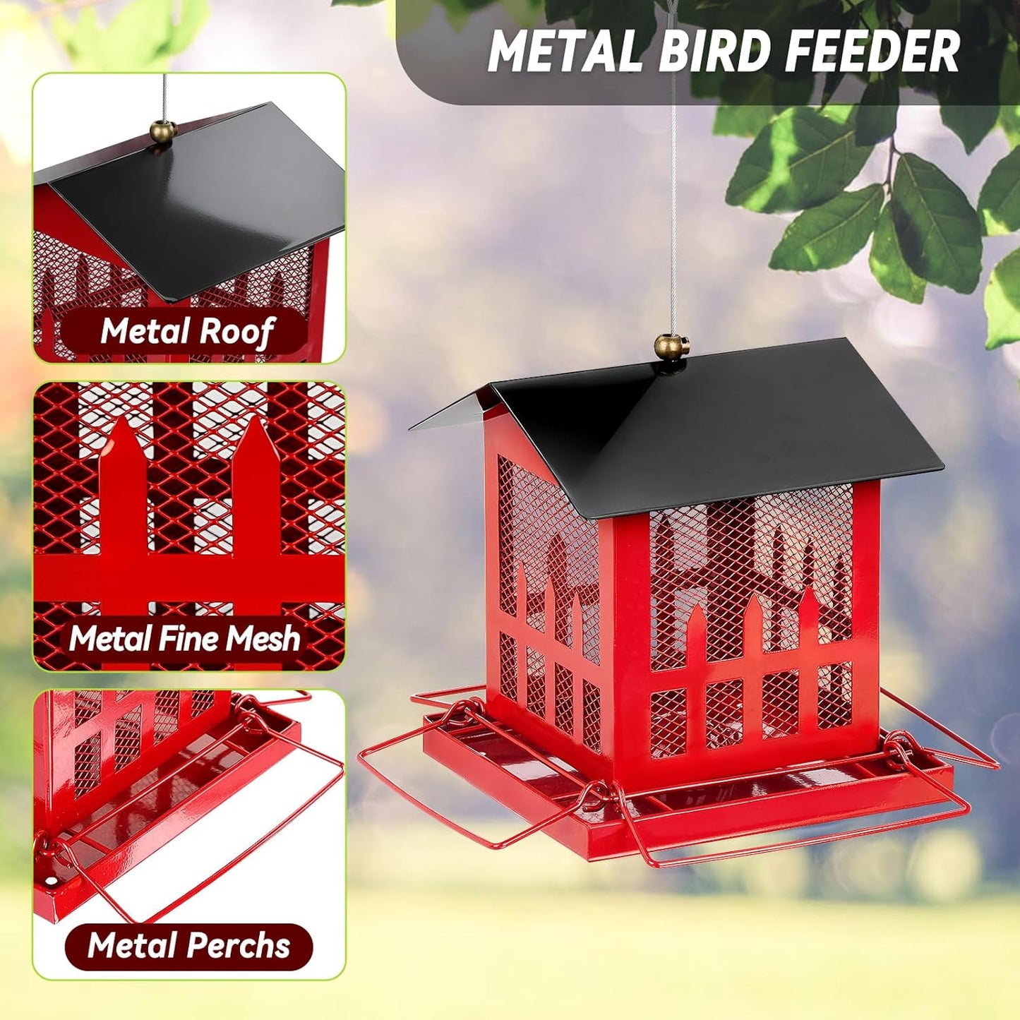 Bird Feeder, Large Bird Feeders for Outdoors Hanging, Metal Wild Bird Feeder with Upgraded Weatherproof Roof for Outside Backyard Garden Decor