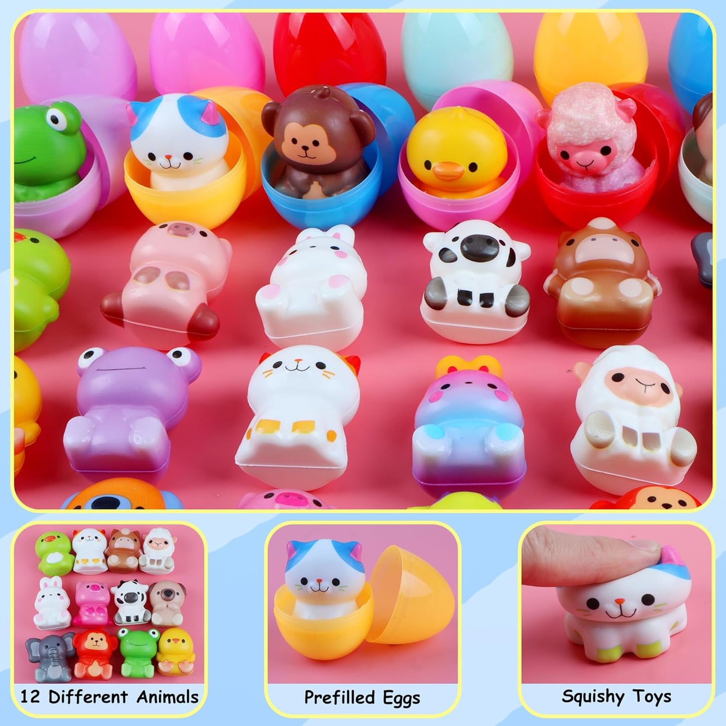 24 Pack Prefilled Easter Eggs with Animal Squishy Toys,Easter Eggs Filled for Egg Hunt,Easter Gifts for Kids,Easter Classroom Prizes, Easter Basket Stuffers