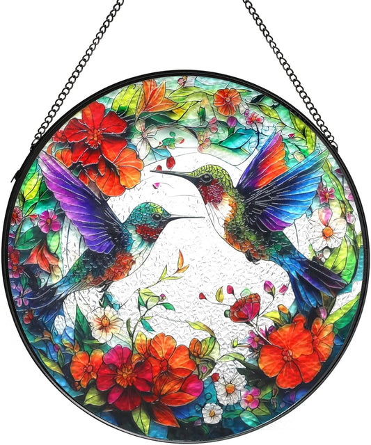 Hummingbird Suncatcher Stained Glass Window Hanging Set, 7.8 Inch Sun 