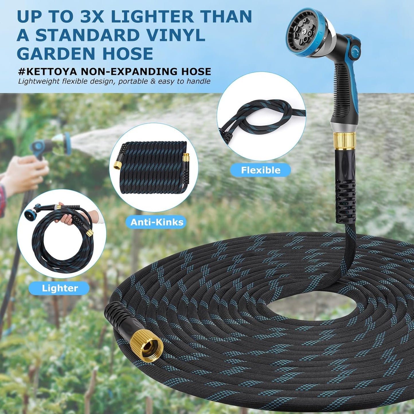 Non-Expanding Garden Hose 100 ft, Kink Free Flexible Water Hose with 1