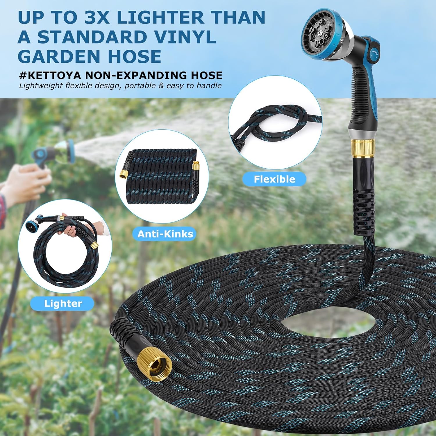 Non-Expanding Garden Hose 100 ft, Kink Free Flexible Water Hose with 1