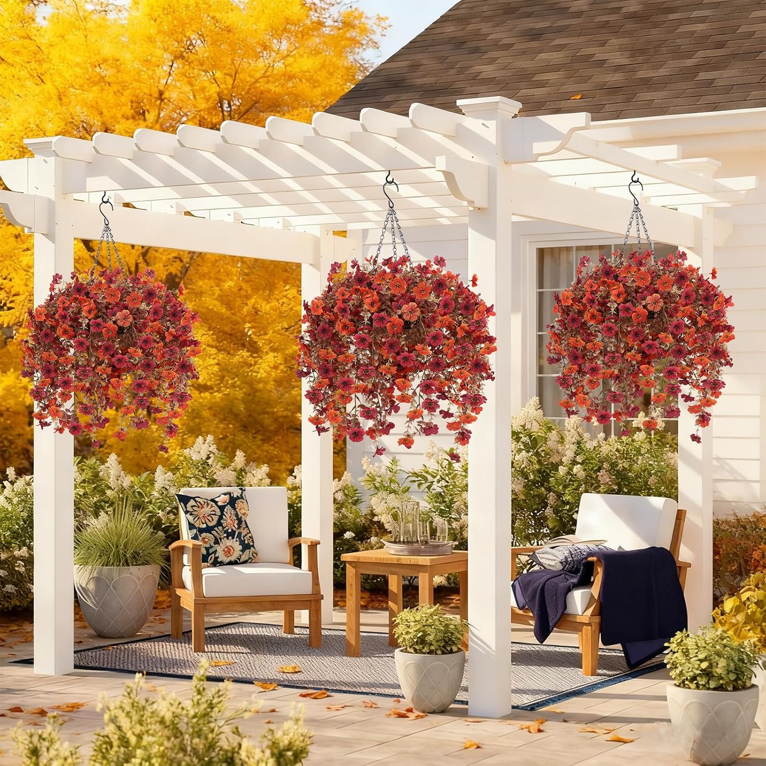 Geegoods Artificial Flowers for Outdoors, 2 Set Faux Hanging Mums Bask