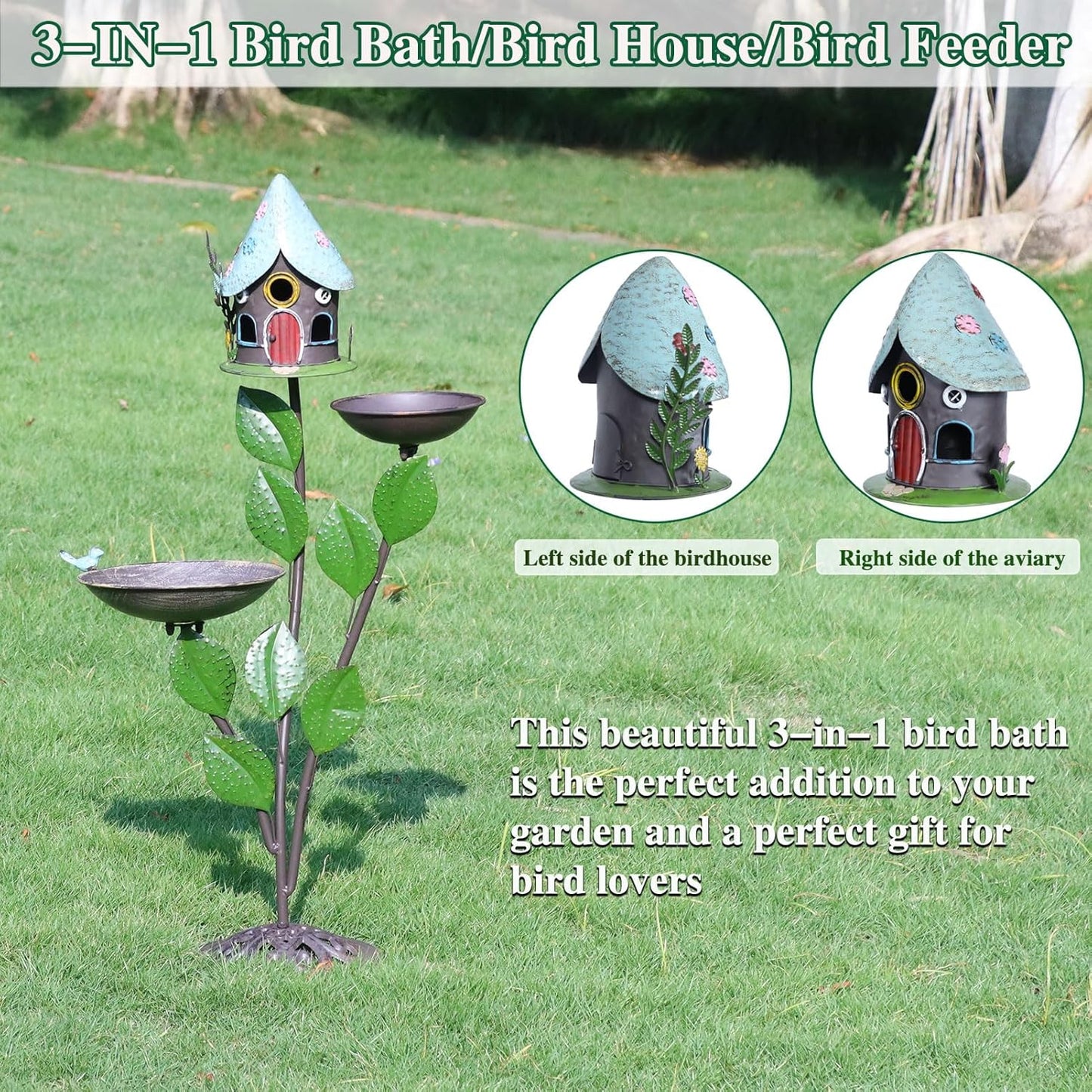 38" H Cast Iron Pedestal Bird Bath, Bird Baths for Outdoors with Metal Bird House Bird Feeder 3-in-1, Garden Yard Lawn Decor
