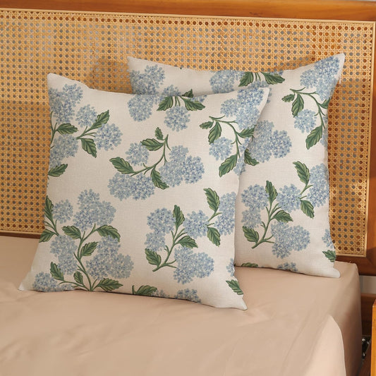 Spring Pillow Covers 18x18 Inch 2 Pcs Blue Green Hydrangea Flower Decor Throw Pillows Vintage Floral Seasonal Summer Outdoor Decoration Pillowcase Linen Cushion Cover for Couch Sofa