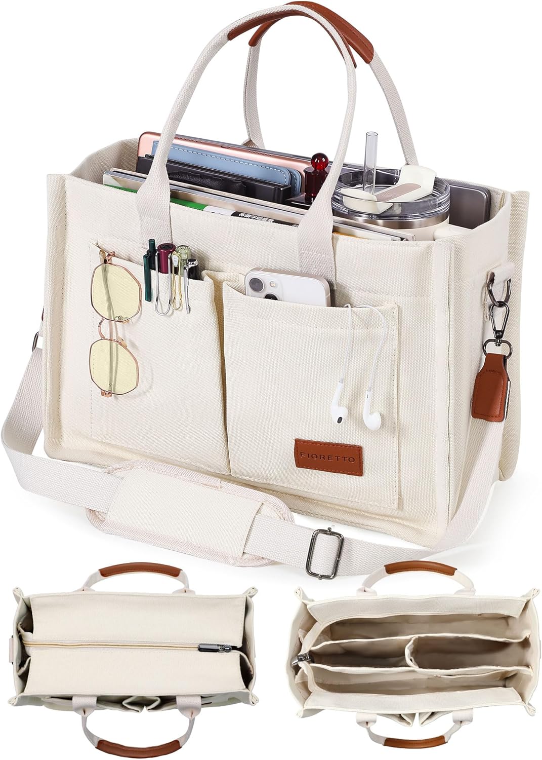 FIORETTO Canvas Tote Bag for Women with Zipper Closure & Individual Co