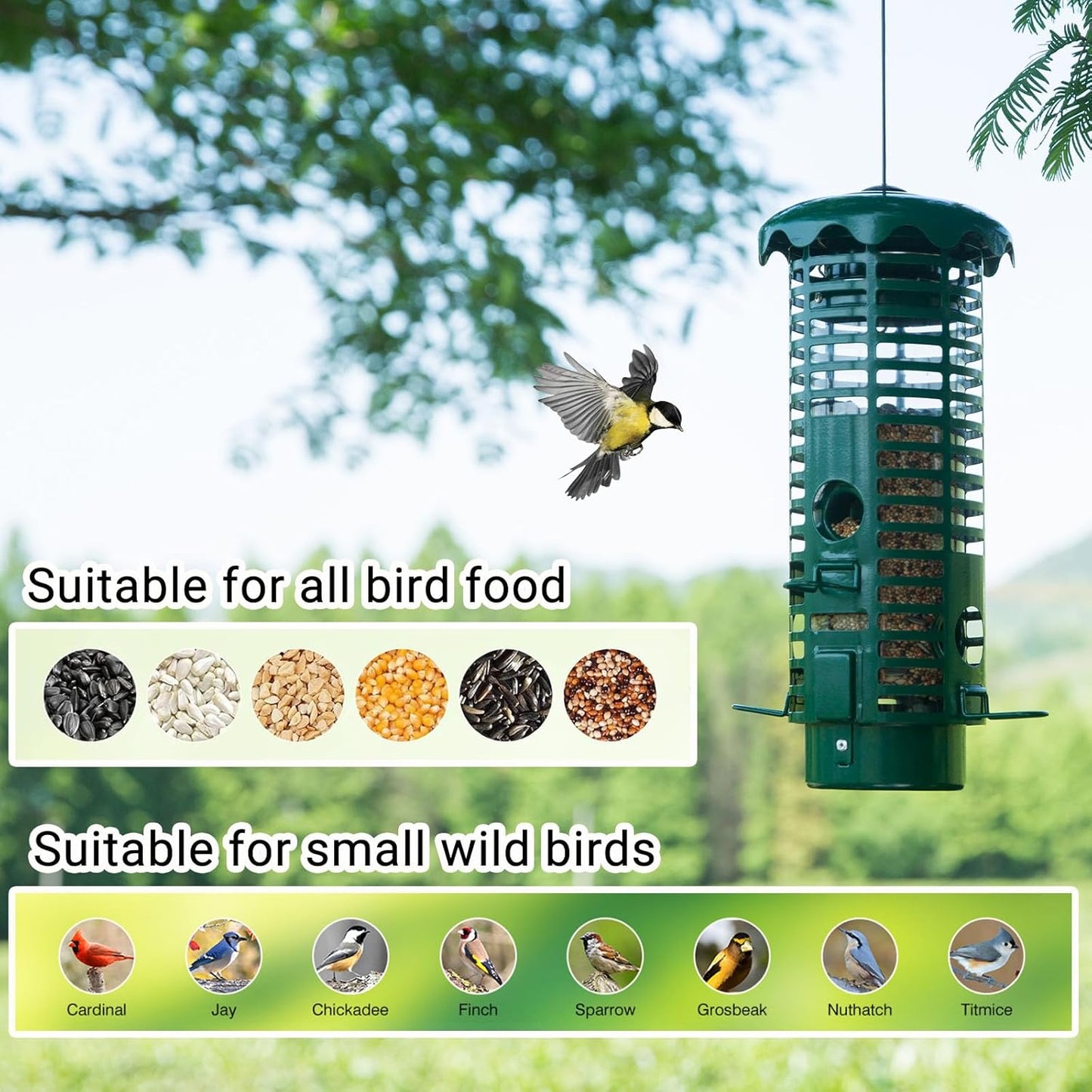 Squirrel Proof Bird Feeders Metal for Outdoors Hanging Weight Activated Wild Bird Seed Feeder for Finch Cardinal Chickadee, Weatherproof & Chew-Proof, 2LB Large Capacity, Green
