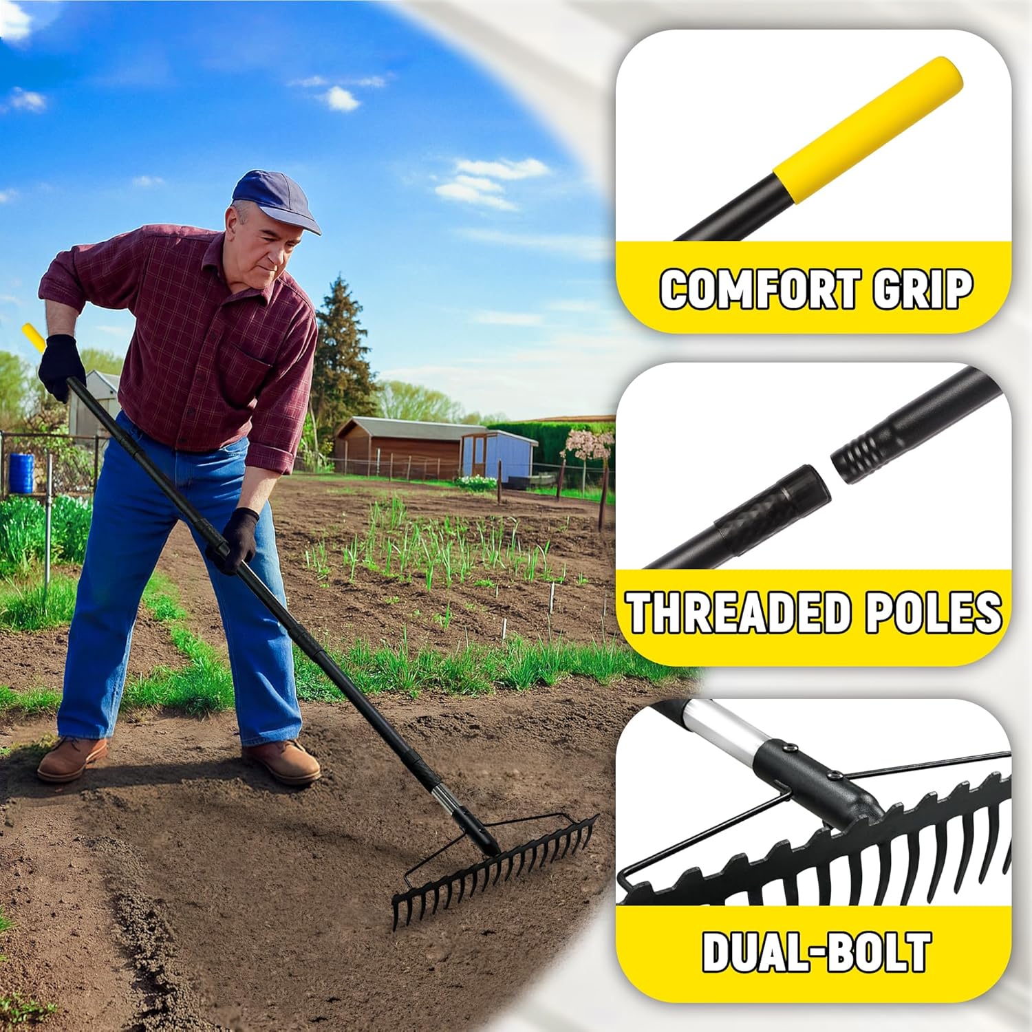 Bow Rake, 68-Inch Adjustable Handle Garden Rake with 17 Steel Tines, H