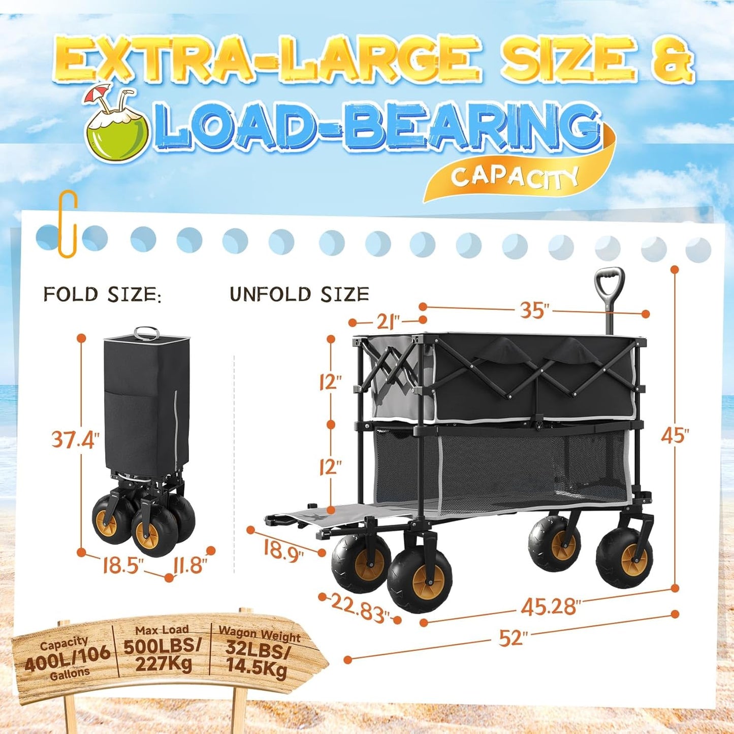 𝐔𝐩𝐠𝐫𝐚𝐝𝐞 Beach Wagon with Big Wheels for Sand, Double-Layer, 9" 