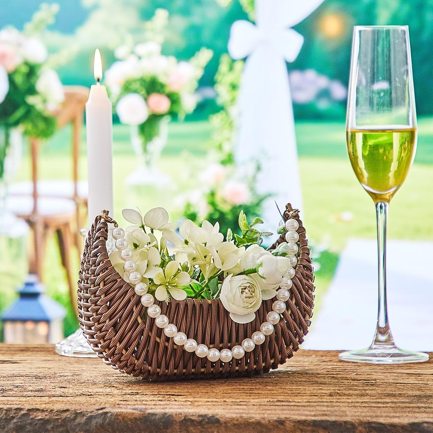 Taiyin 2 Pcs Rattan Flower Girl Basket with Pearl Handle Small Half Moon Wicker Basket for Wedding Flower Girl Picnic Garden Storage and Home Decor (Dark Brown)