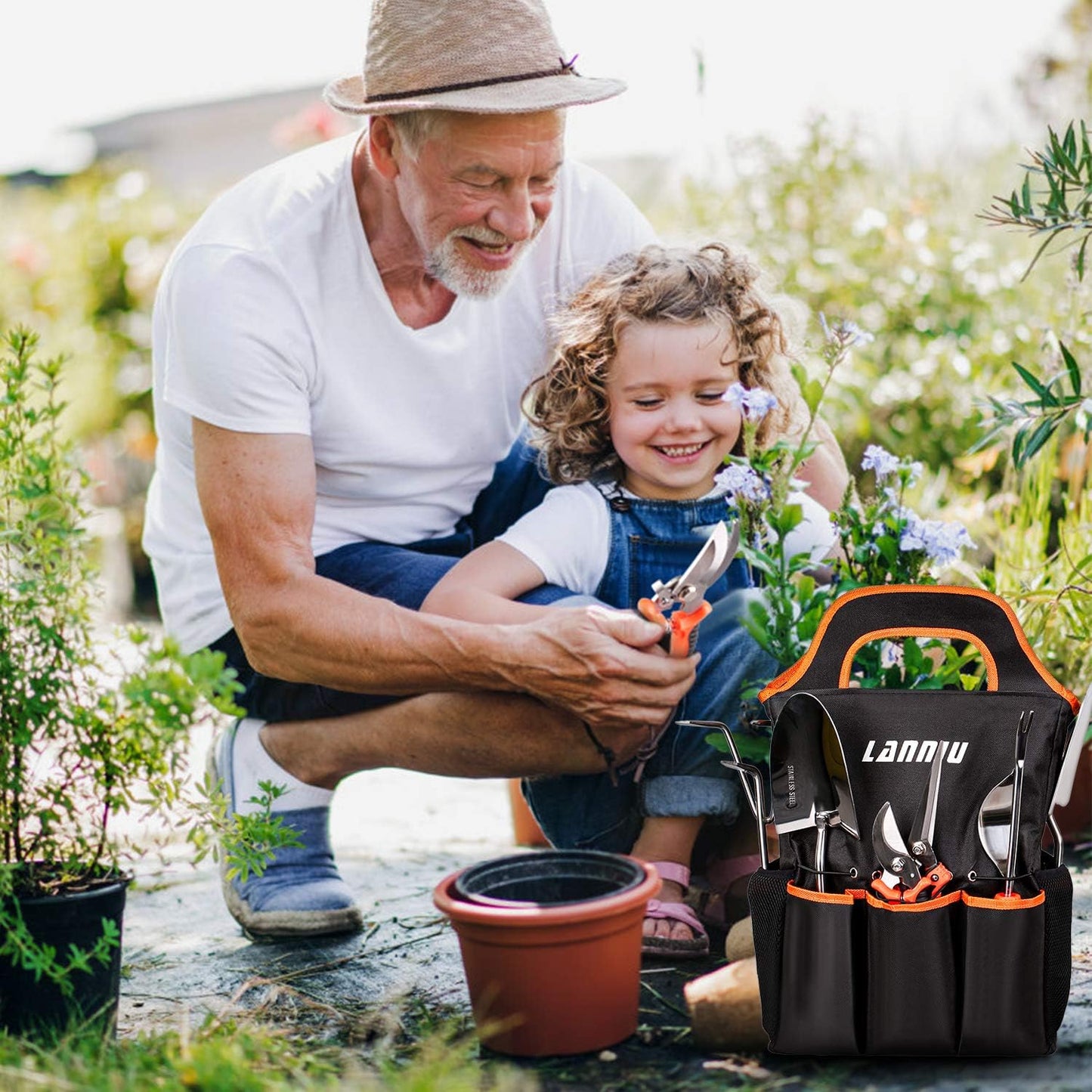 9 Piece Garden Tool Set - Heavy Duty Stainless Steel Gardening Hand Tools with Ergonomic Non-Slip Rubber Handles, Pruning Shears, Trowel and 600D Storage Tote Bag, Gardening Gifts for Women