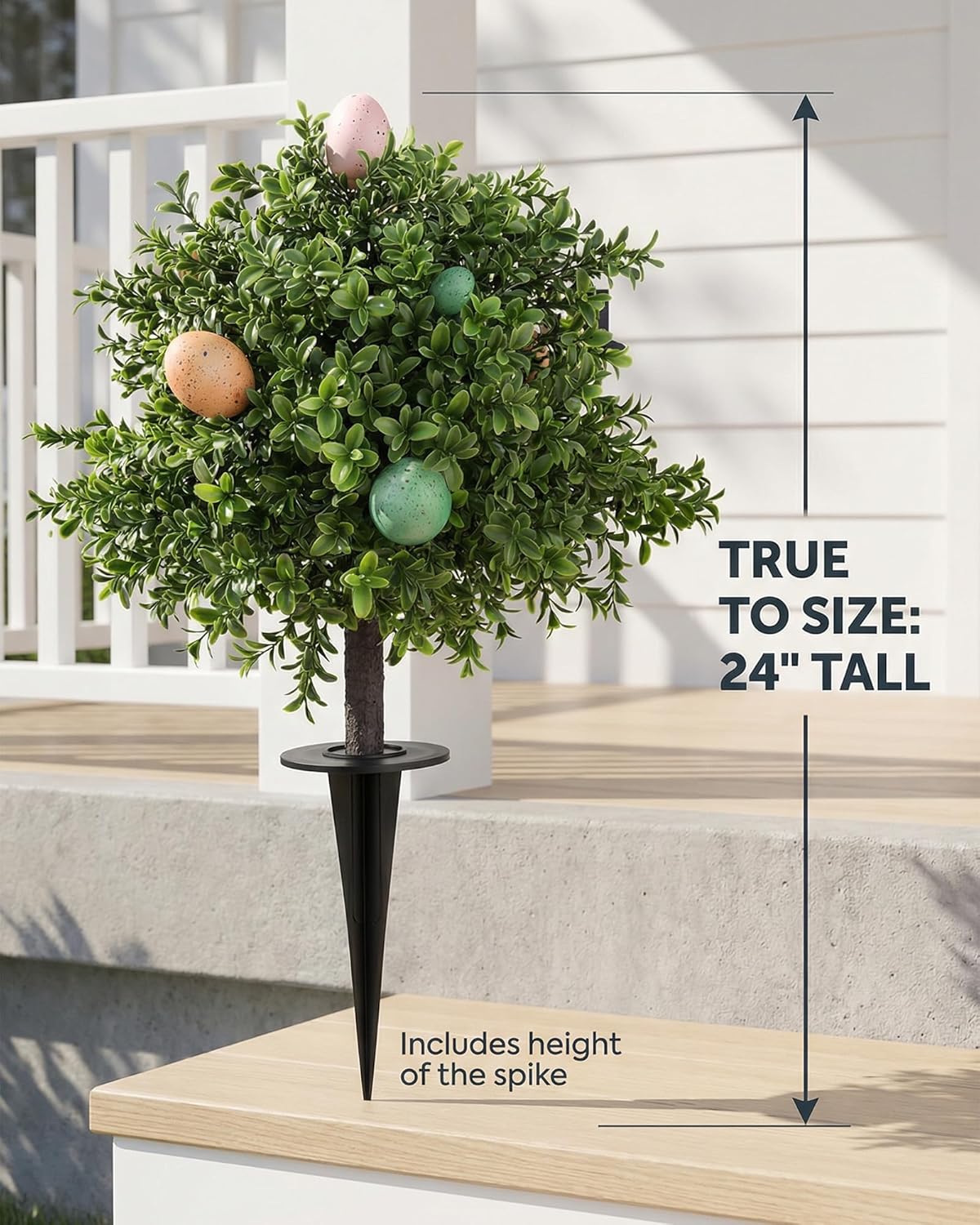 24" Easter Decorations Outdoor Tree, Set of 2 Artificial Boxwood Topiary with Easter Eggs, Stable Ground Spikes for Porch Yard Garden, UV Resistant Rainproof Faux Plants, No Tools Required