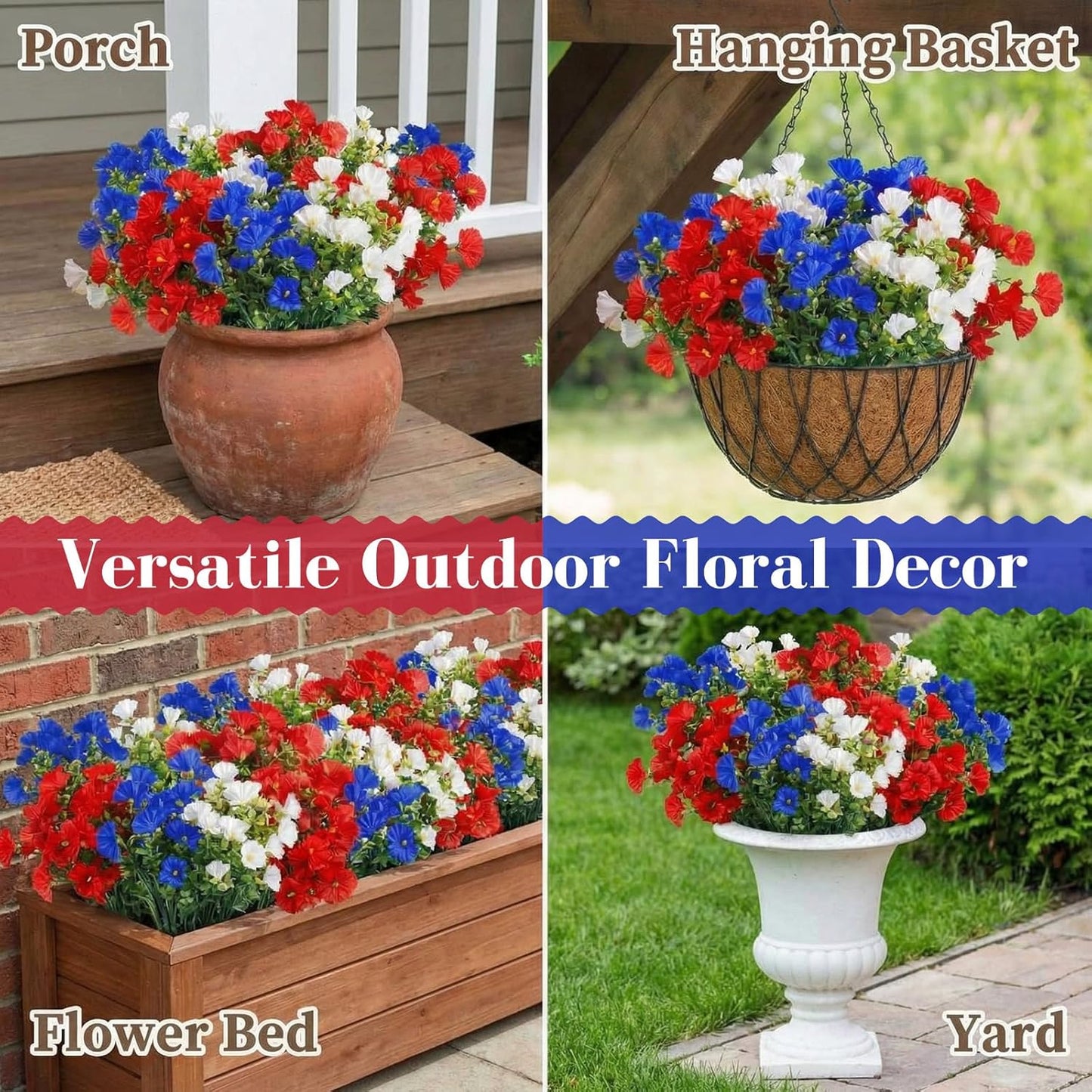 Dingion 12 Pcs Red White Blue Artificial Flower Petunias UV Resistant Patriotic Outdoor Decoration for July 4th Independence Day National Day Short Stem Plastic Flowers for Pot Window Planter Garden