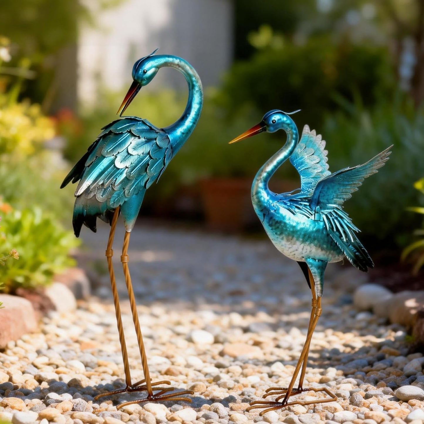 Garden Crane Statues for Outdoor Blue Heron Metal Birds Yard Art Ornaments for Backyard Pond Patio Porch Outside Decorations