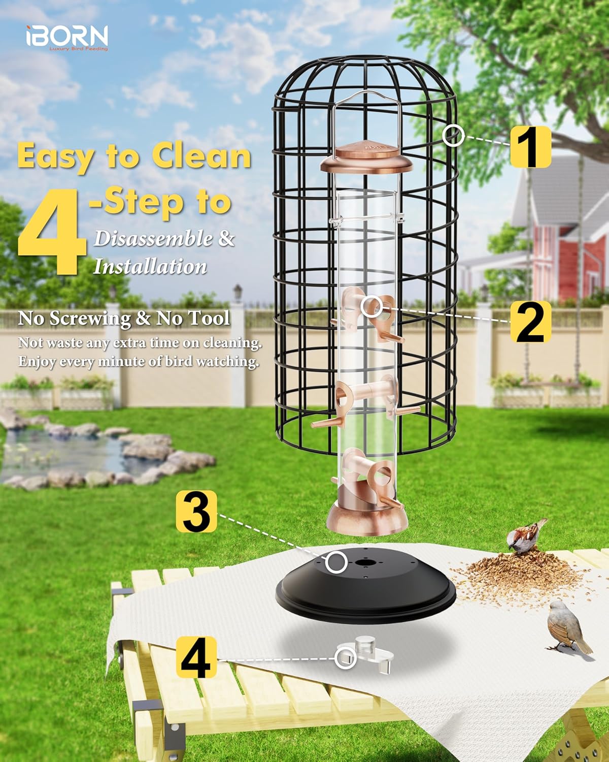 iBorn Bird Feeders Hanging - Squirrel Proof Bird Feeders for Outdoors, Pigeon Proof Caged Feeder, Heavy Duty All Metal Copper 14 Inch, Hanging Cage Feeder for Mix Seed Blends & Garden