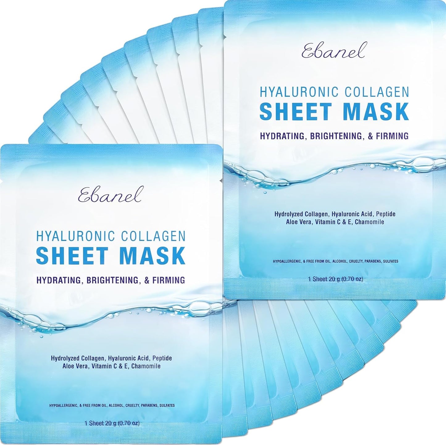 Ebanel 20 Pack Collagen Face Mask with Hyaluronic Acid, Vitamin C, Pep