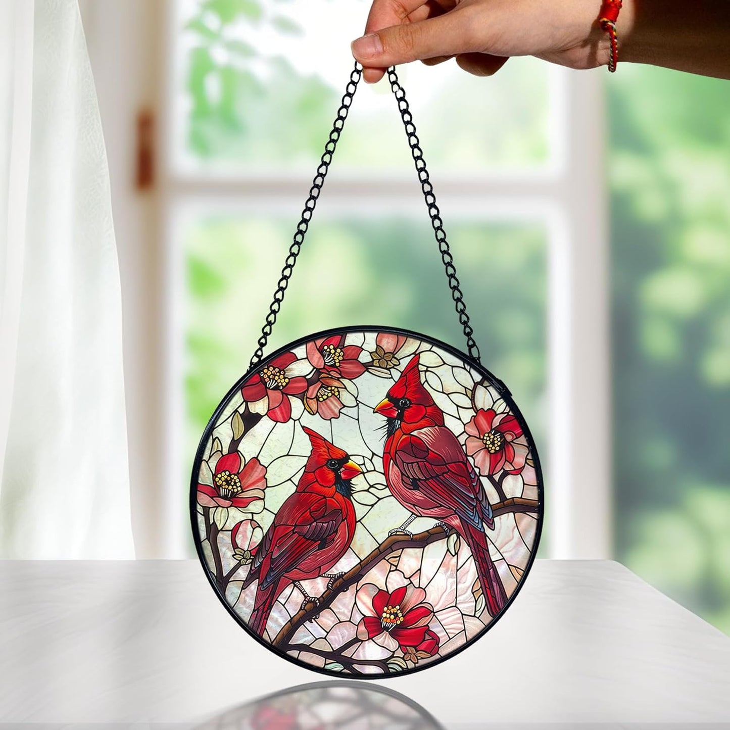 Cardinal Bird Stained Glass Window Hanging, Red Cardinal Flower Sun Catchers Indoor Window Round Glass Wall Art Decor, Bird Suncatcher Wall Hanging Decorations, Gardening & Lawn Care