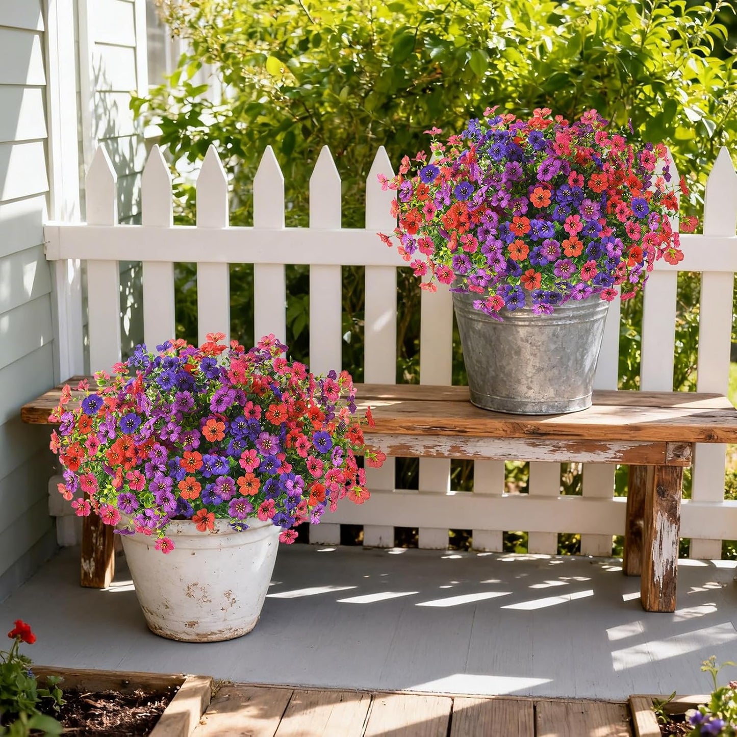 Homsunny Artificial Fake Flowers Plants Outdoors Spring Decor, Faux Flowers Silk Daisy Eucalyptus Plants UV Resisitant for Outside Planter Pot Front Porch Garden Patio Decoration(12 Bundles)