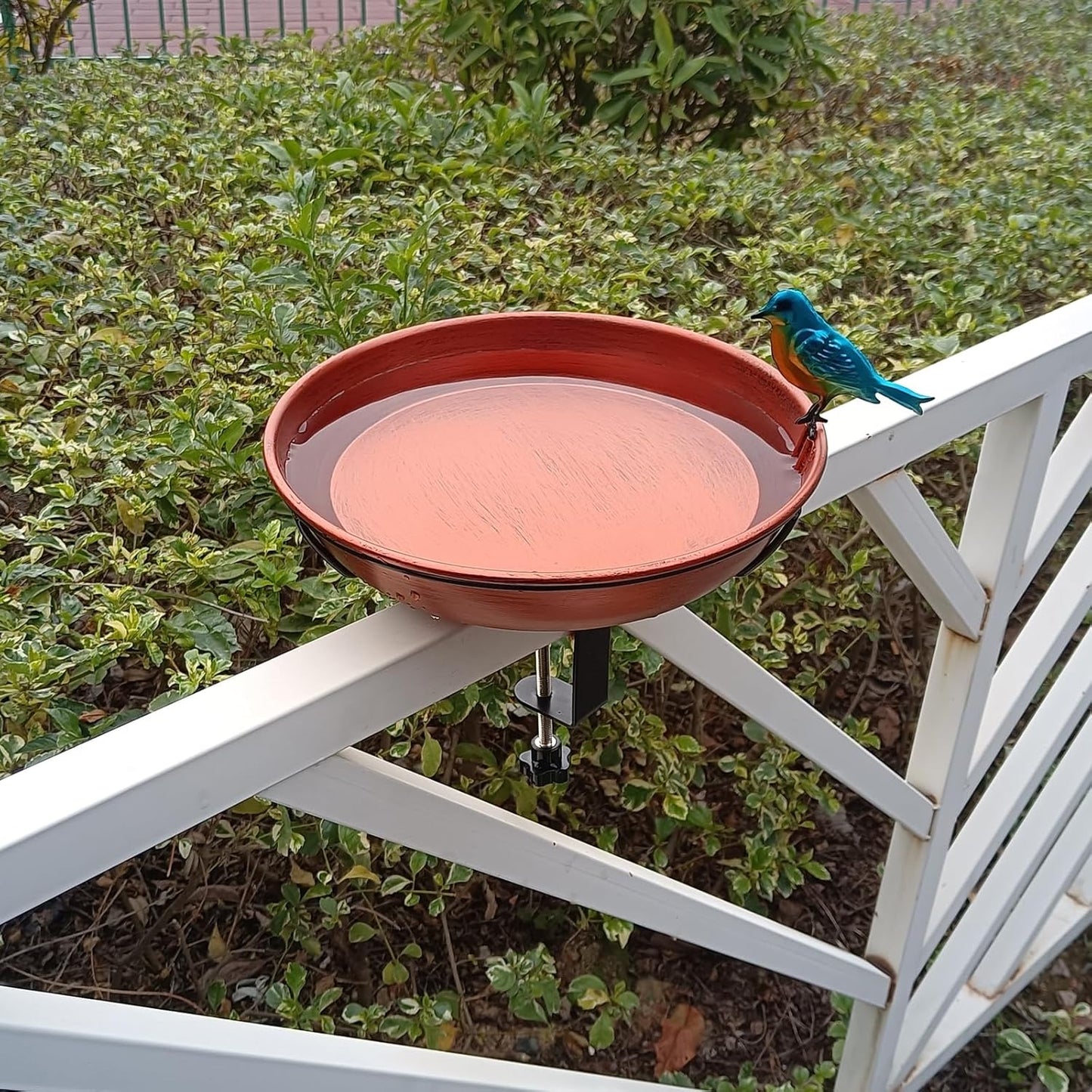 Deck Bird Bath for Outdoors, 11" Copper Metal Birdbath Bowl with Adjustable Big Steel Clamp Backyard Bird Bath&Bird Feeder for Railing Balcony Fence Yard Art Garden Decor