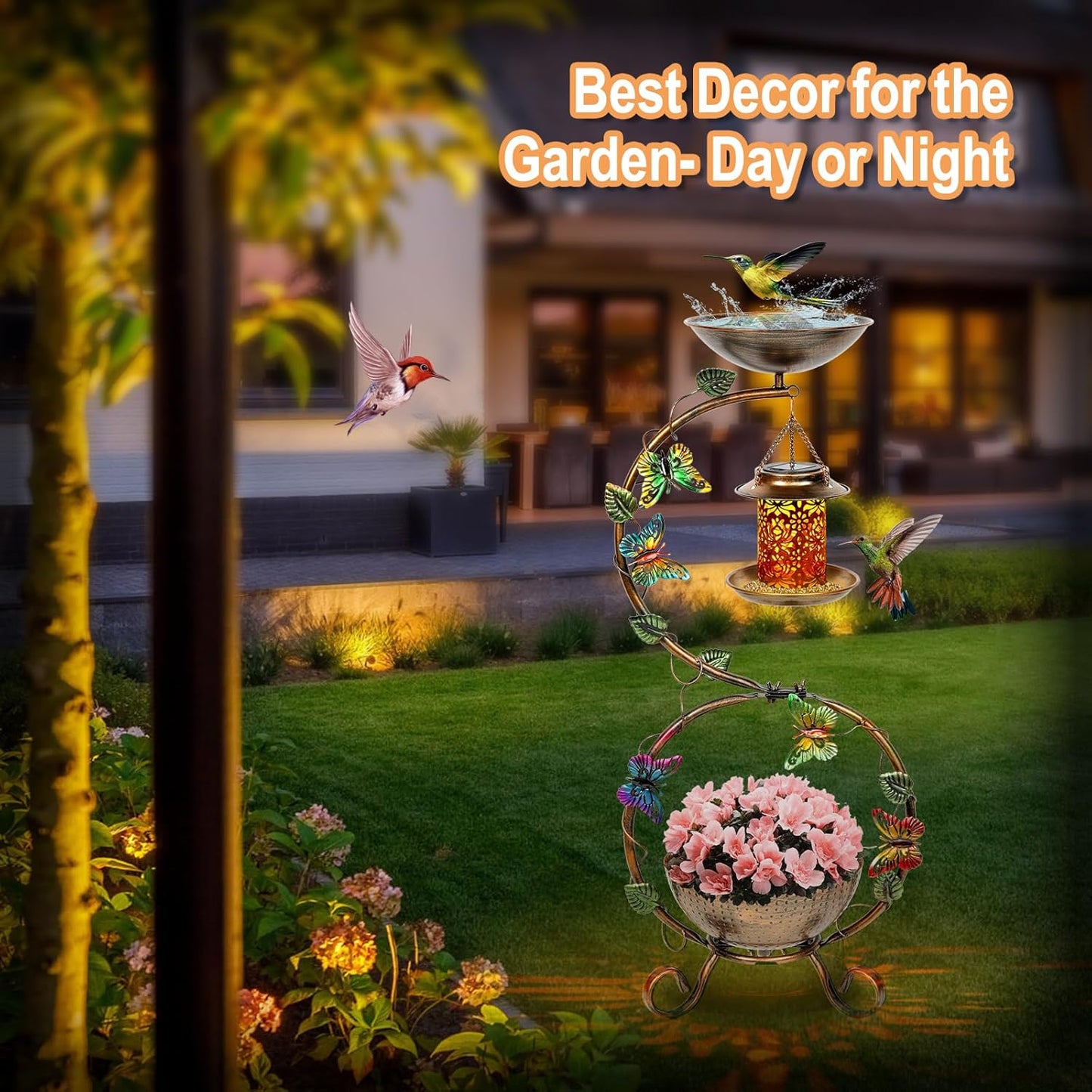 3 In 1 Bird Bath for Outside and Solar Bird Feeders Combo with Flower Planter Pedestal, 38" Metal Bird Baths Heavy Duty for Outdoors, Vintage Birdbaths for Garden Yard Lawn Decor -Waterproof