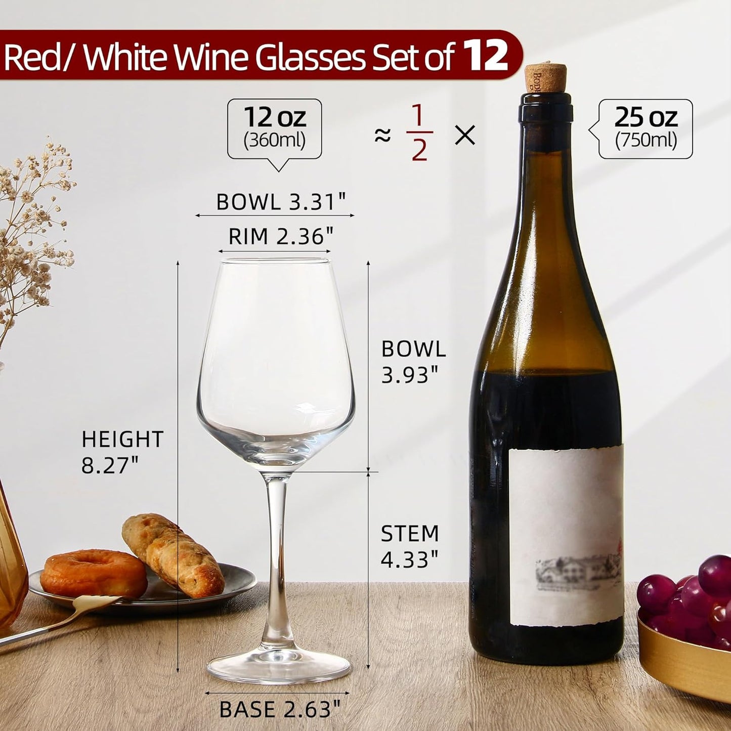 Wine Glasses Set of 12, 12oz Clear Red/White Wine Cup, Long Stem Wine Glasses for Party, Wedding and Home
