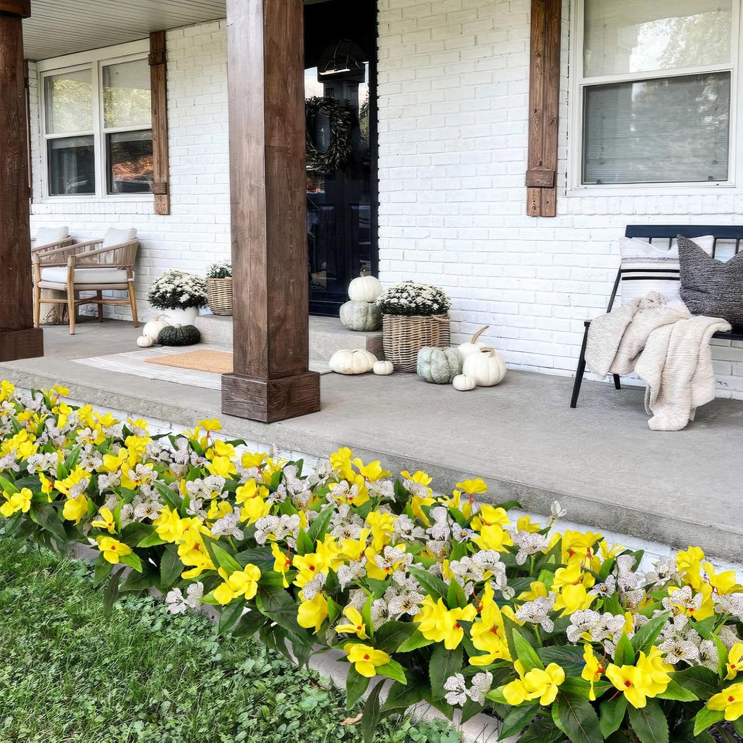 6 Pcs Artificial Flowers for Outdoors Impatiens Yellow Silk Violet Daisies Flowers Outside White UV Resistant Faux Impatiens Flowers for Outdoor Planters Pot Patio Hanging Basket Porch Decor